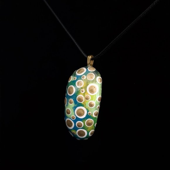 Handpainted Dot Art Pendant, Tahiti Green, Mod, Modern Art Jewelry - Picture 3 of 10
